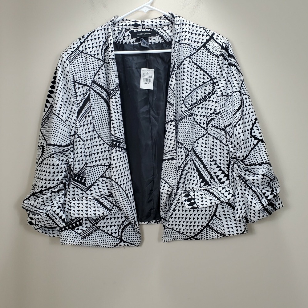 Ashley Stewart black white open front blazer ruched sleeve Womens sz 16
